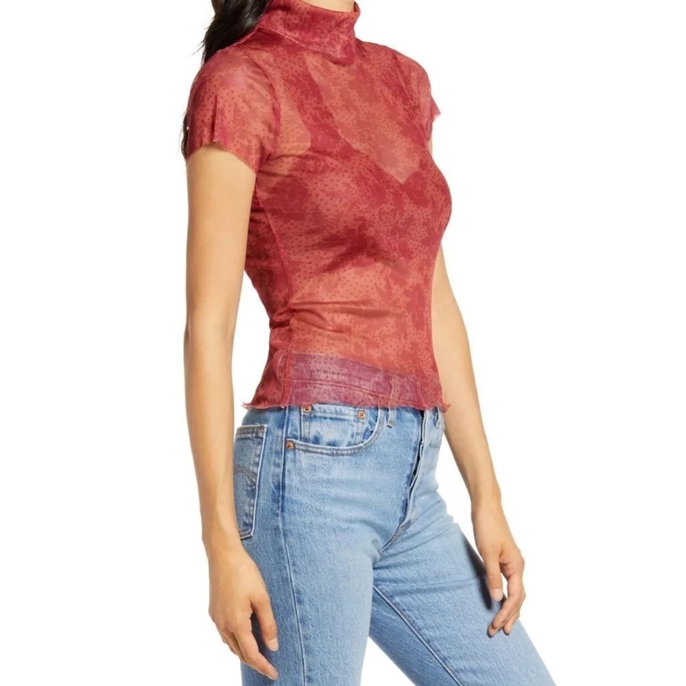 FREE PEOPLE MESH FLORAL RED/ORANGE BABY TEE! (New with tag!) - Picture 2 of 5